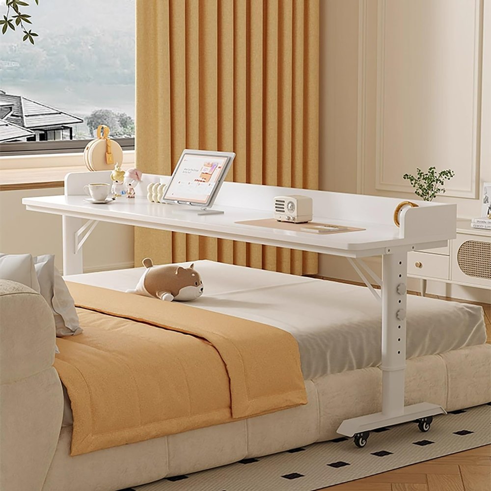 VOLDAX Height-Adjustable Overbed Table on Wheels with Gas Spring, 68–103 cm, Metal Frame, White-B, 40 cm/15.7 in