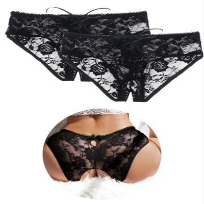 ohyeahlady Women's Plus-Size Open-Crotch Lace Panties, Transparent Thong Hipster Underwear, 2-Pack, Black, M-L