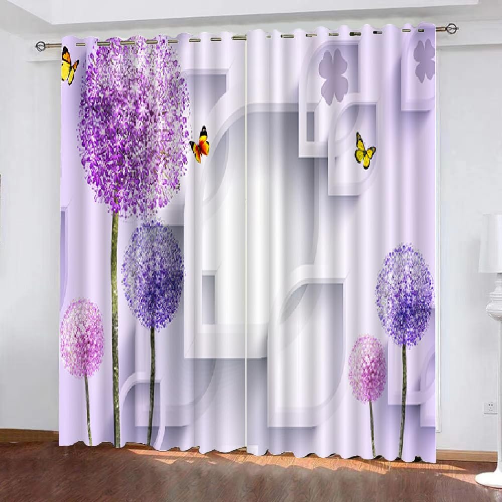 HABEAT 3D Flower Blackout Curtains with Butterfly Pattern, 2-Piece Set, 150 x 166 cm, Design 43-3