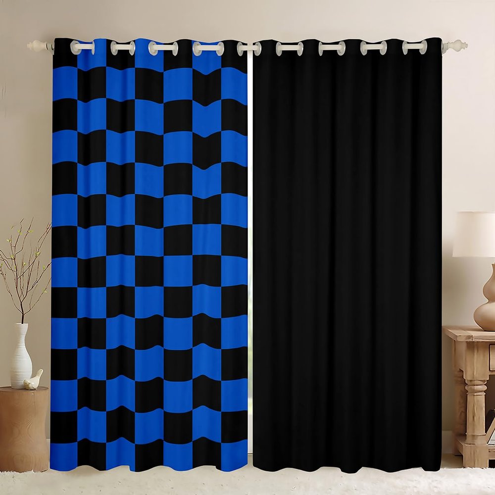 Manfei Geometric Checkered Kids Curtains, Video Game Plaid Lattice Room Decor, Modern Grid Curtains, Black Blue, 2 Panels, XXL