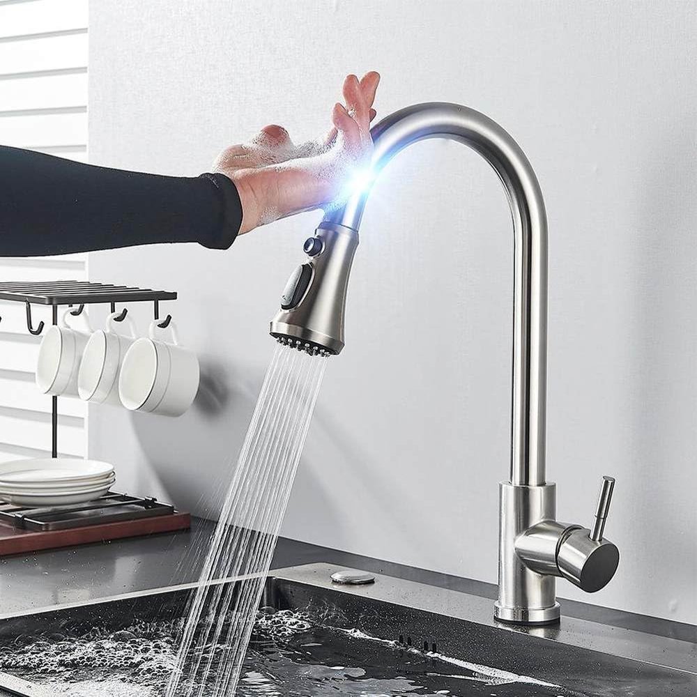 Touch-Control Black Kitchen Faucet - Pull-Out Sensor Mixer, Brushed Nickel, Sensitive Touch Technology, Modern Sink Faucet, Easy-Clean High-Arc Design