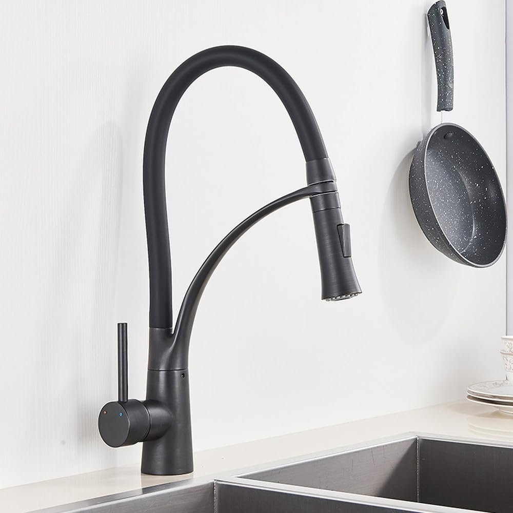 Matte Black Chrome Pull-Down Kitchen Faucet with Swivel Spout