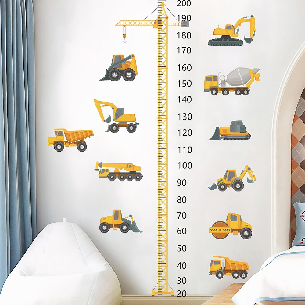 Eclove Kids' Height Chart Wall Sticker, Self-Adhesive Construction Vehicle Wall Decals, 80 x 200 cm