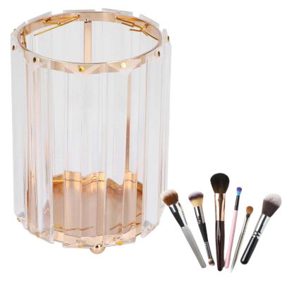 Beufee Makeup Brush Holder, Transparent Round Cosmetic Organizer for Desk, Gold