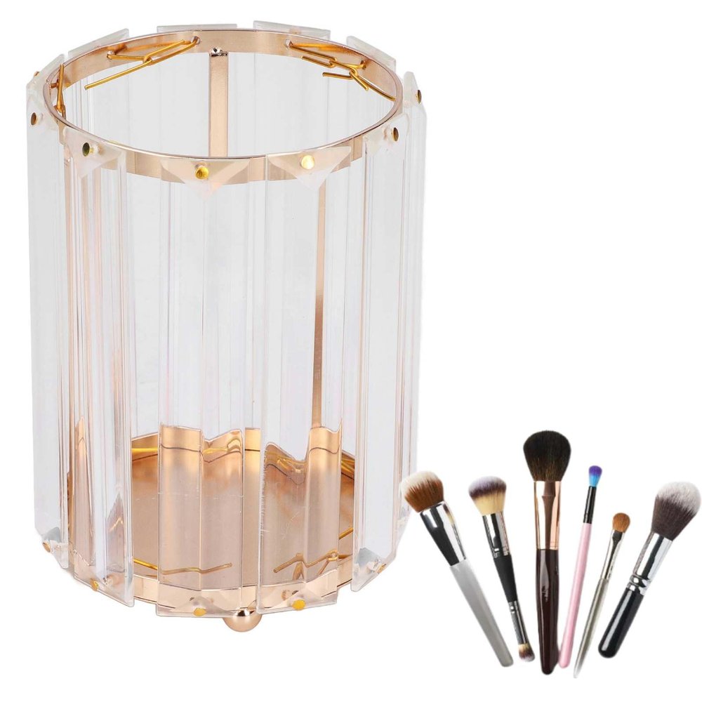 Beufee Makeup Brush Holder, Transparent Round Cosmetic Organizer for Desk, Gold