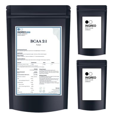 3 kg BCAA 2:1:1 Powder | Leucine, Isoleucine & Valine | 3 x 1 kg | Sunflower Lecithin | 40–100 Mesh | INGREO