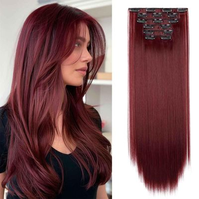 Gairyan 58 cm Clip-In Hair Extensions, Auburn, Straight, Long, 6-Piece, Wine Red
