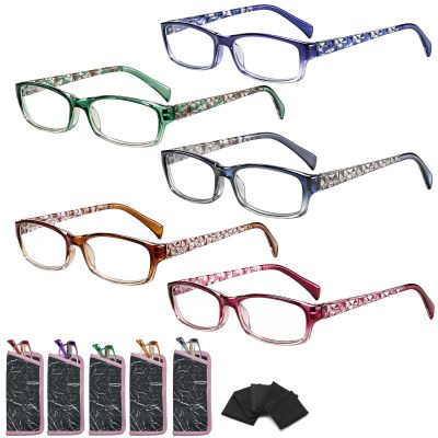 Suertree 5-Pack Women's Reading Glasses, Blue-Light Filter, Spring Hinges, +1.00