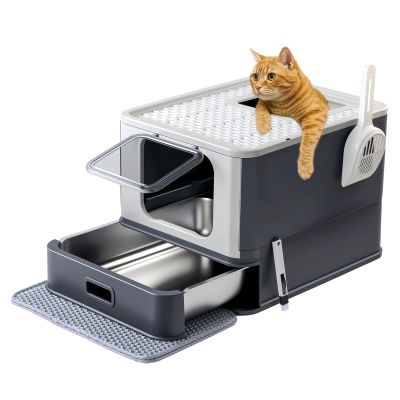 Marchul Stainless Steel Cat Litter Box with Lid, Drawer Design, Scoop, Mat and Brush, Dark Gray