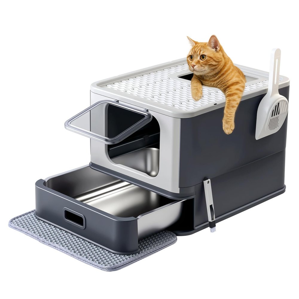 Marchul Stainless Steel Cat Litter Box with Lid, Drawer Design, Scoop, Mat and Brush, Dark Gray