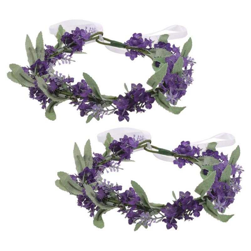 Healeved Lavender Flower Crown Headbands, 2-Pack, with Artificial Lavender Blossoms and Green Leaves