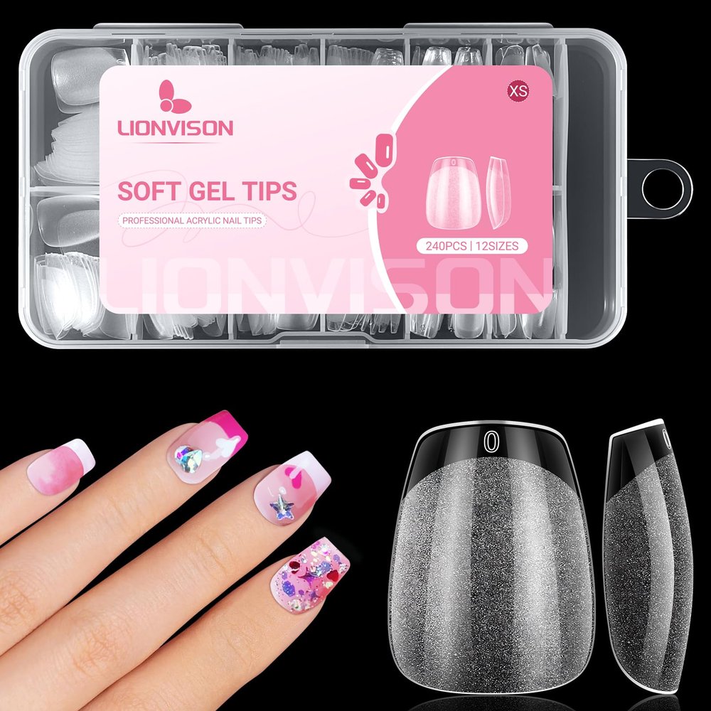 LIONVISON 240 Extra-Short Coffin Soft Gel Nail Tips, 12 Sizes
