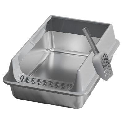 Open Stainless Steel Cat Litter Box with High Rim, 40 x 30 x 19 cm, Scoop Included