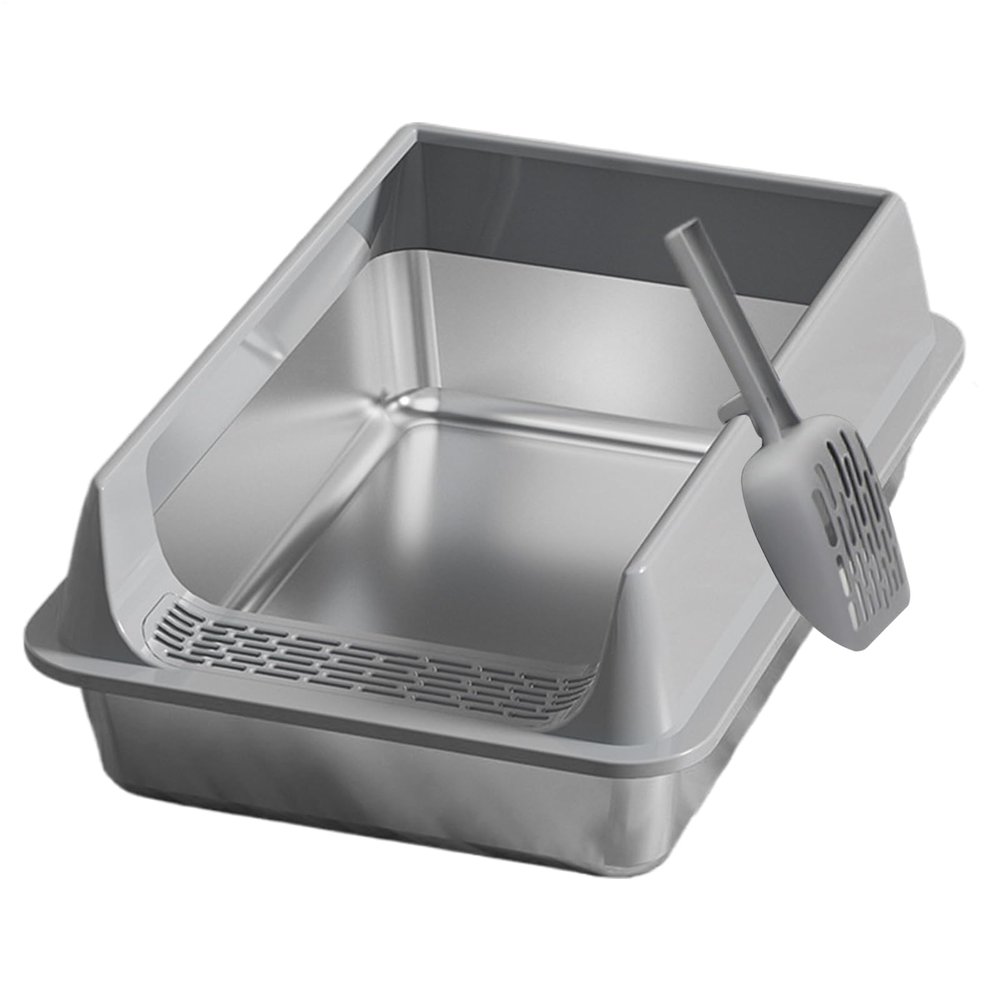 Open Stainless Steel Cat Litter Box with High Rim, 40 x 30 x 19 cm, Scoop Included