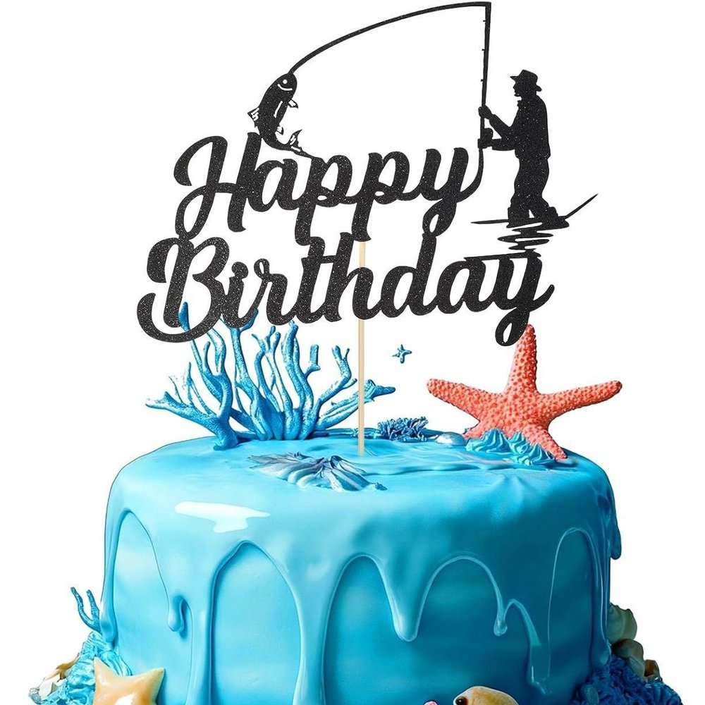 Fishing Cake Topper “Happy Birthday” with Fish Design, 1 pc, Black