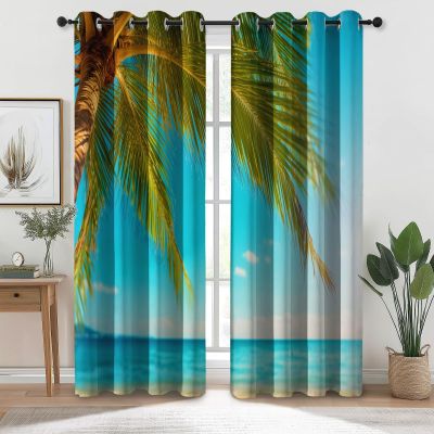 Blue Blackout Curtains, Coast Beach Sea Print, H 230 x W 117 cm, 2-Pack