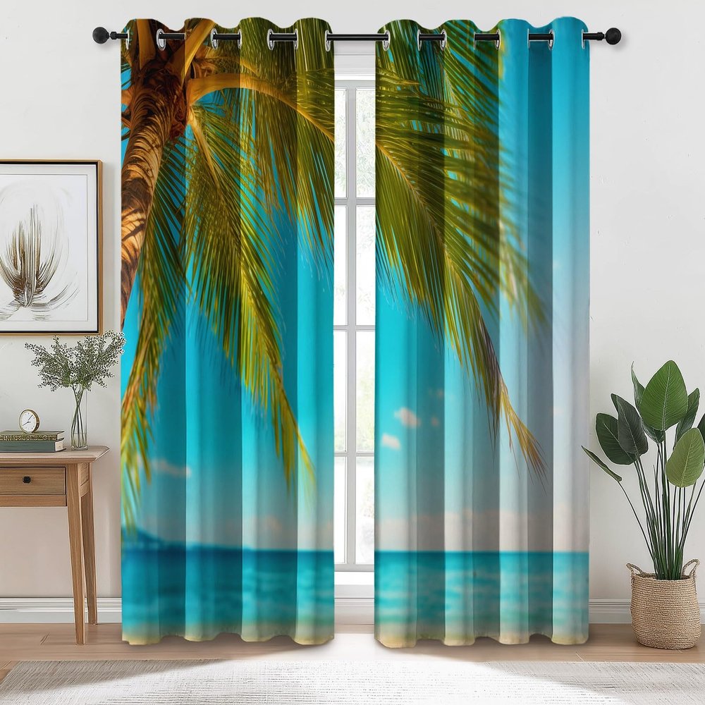 Blue Blackout Curtains, Coast Beach Sea Print, H 230 x W 117 cm, 2-Pack