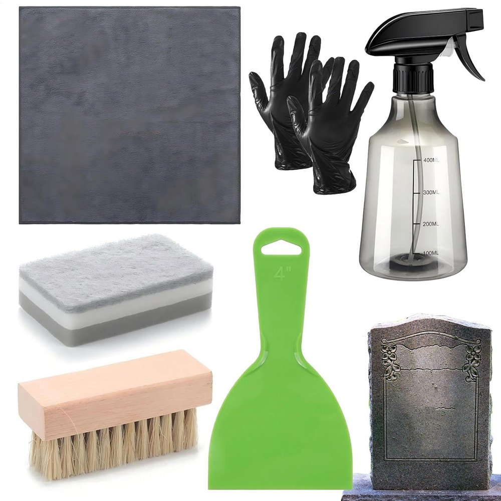 Gravestone Cleaning Kit with Cloth, Brush, Gloves and Stone Care
