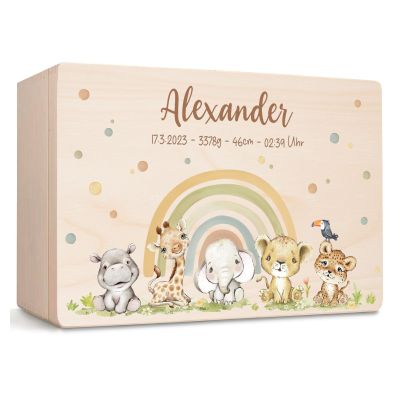 Little Deco Personalized Wooden Baby Keepsake Box with Name, Rainbow Animals, Gift for Birth & Baptism, for Boys & Girls XHL1145-6-L