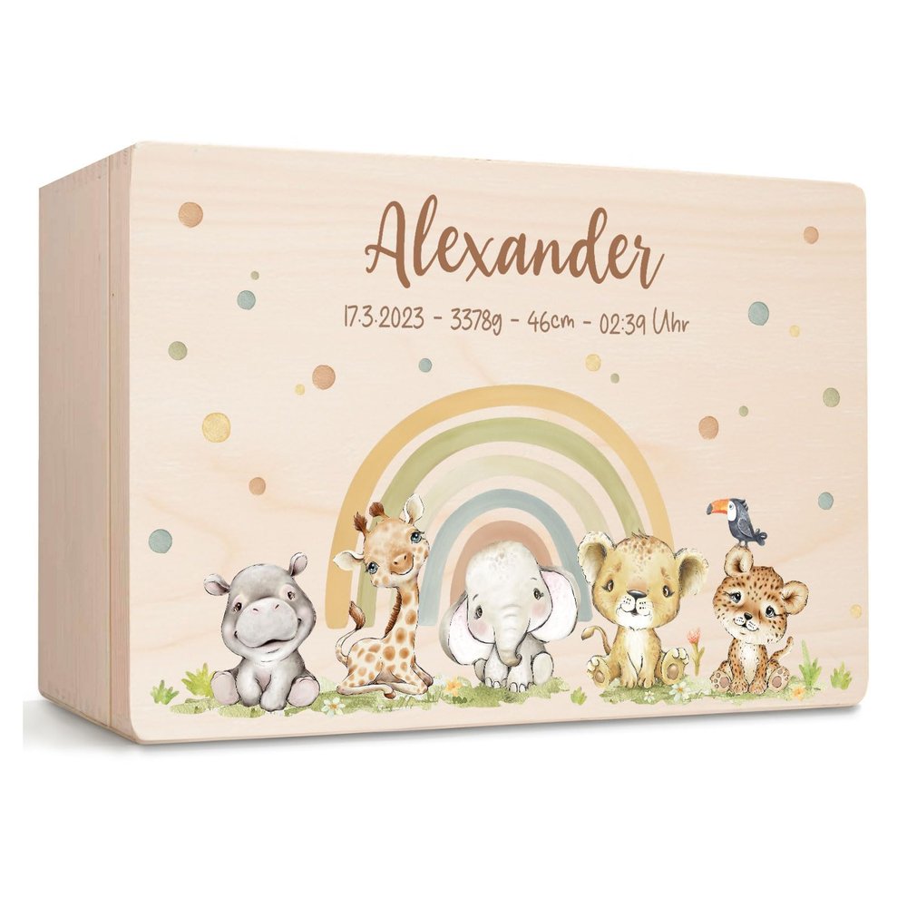 Little Deco Personalized Wooden Baby Keepsake Box with Name, Rainbow Animals, Gift for Birth & Baptism, for Boys & Girls XHL1145-6-L