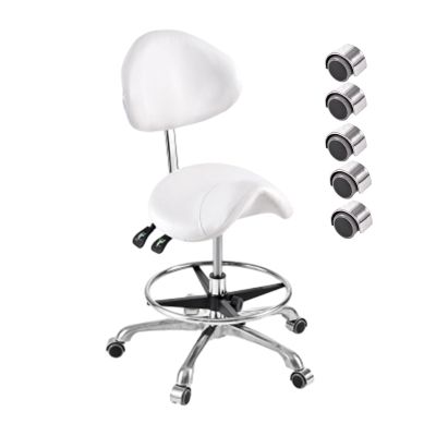 FXLUHAY Hydraulic Saddle Stool with Backrest, Footrest and PU Casters, White