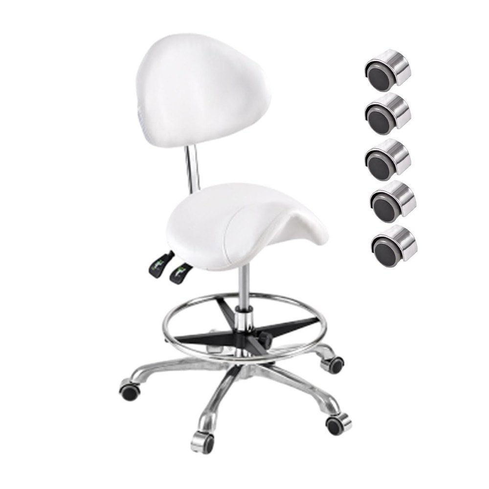 FXLUHAY Hydraulic Saddle Stool with Backrest, Footrest and PU Casters, White