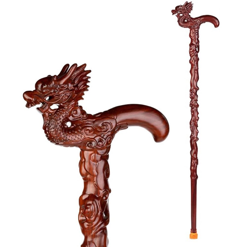 Wzmazingly Hand-Carved Dragon Walking Cane for Women and Men, Natural Red Pearwood with Ergonomic Handle and Rubber Tip, for Seniors (95 cm/37 in)