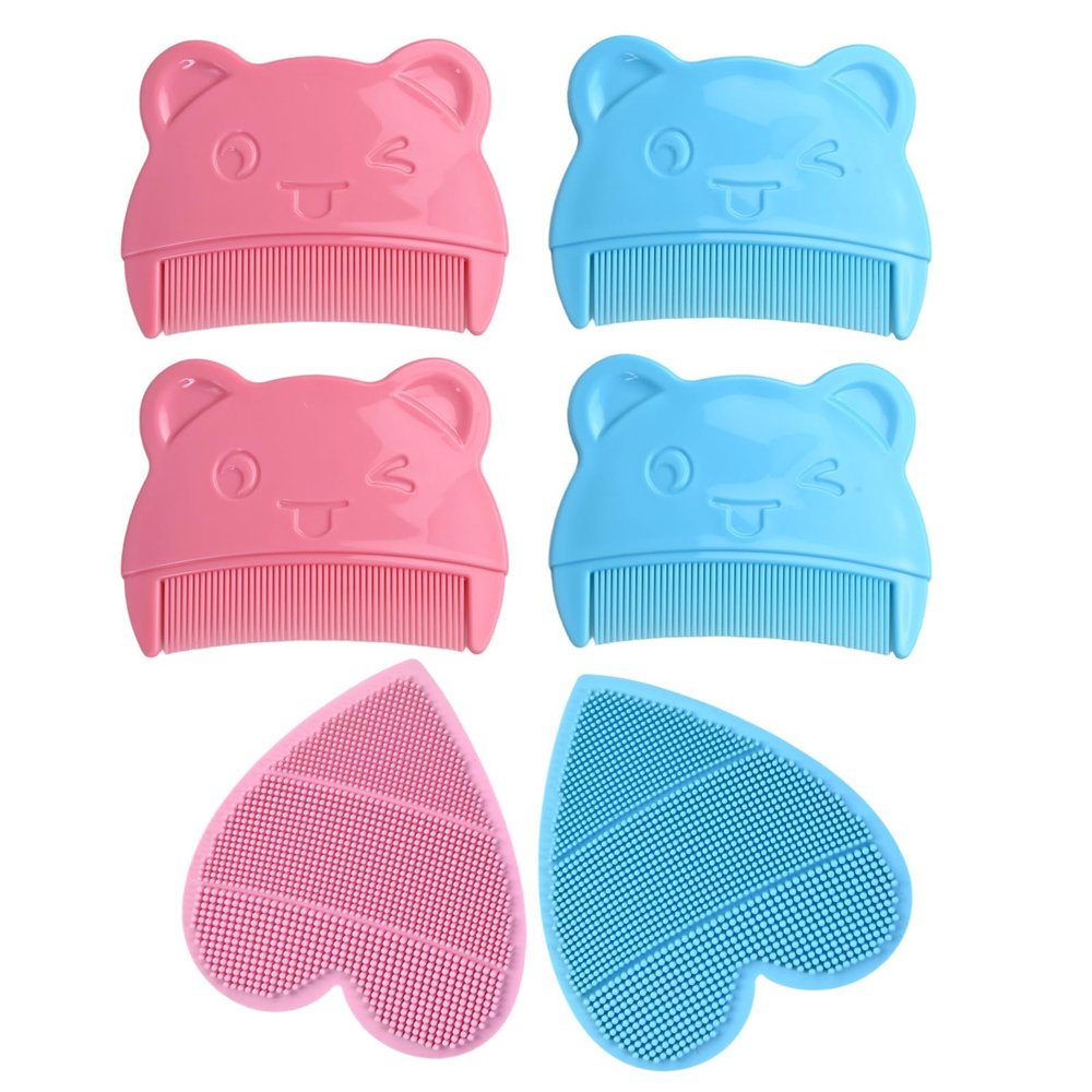 Baby Shampoo Brush Set, 2 Massage Shampoo Brushes + 4 Cartoon Baby Combs, Gentle Scalp Massage, Blue/Pink, 6-Piece Set for Newborns and Toddlers