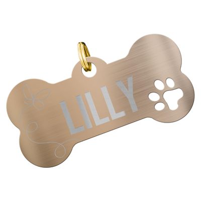 Personalized Stainless Steel Dog Tag in Bone Shape with Butterfly Design (Rose Gold)