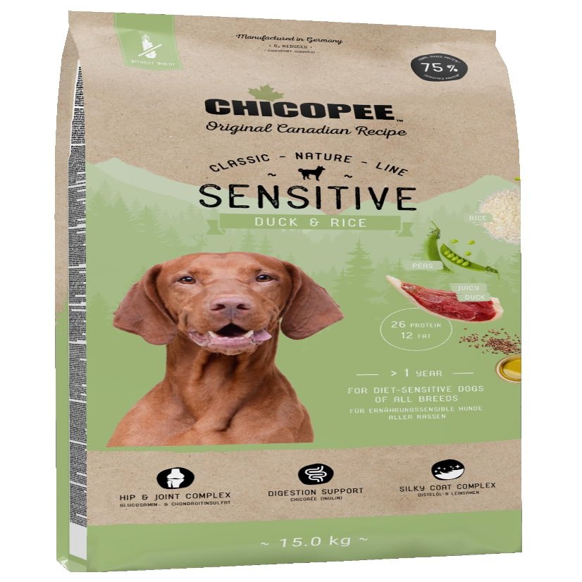 Chicopee Classic Nature Line | Sensitive Dry Dog Food | Duck & Rice | Wheat-Free | Life-Cycle Nutrition Concept | Inspired by Canadian Nature | 15 kg