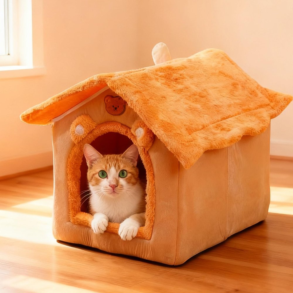 PETCUTE Washable Foldable Cat House with Removable Cushion