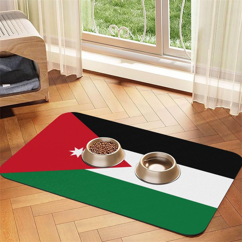 Water-Absorbent Faux Leather Pet Food Mat with Jordanian Flag, 40 x 60 cm, Non-Slip, Durable