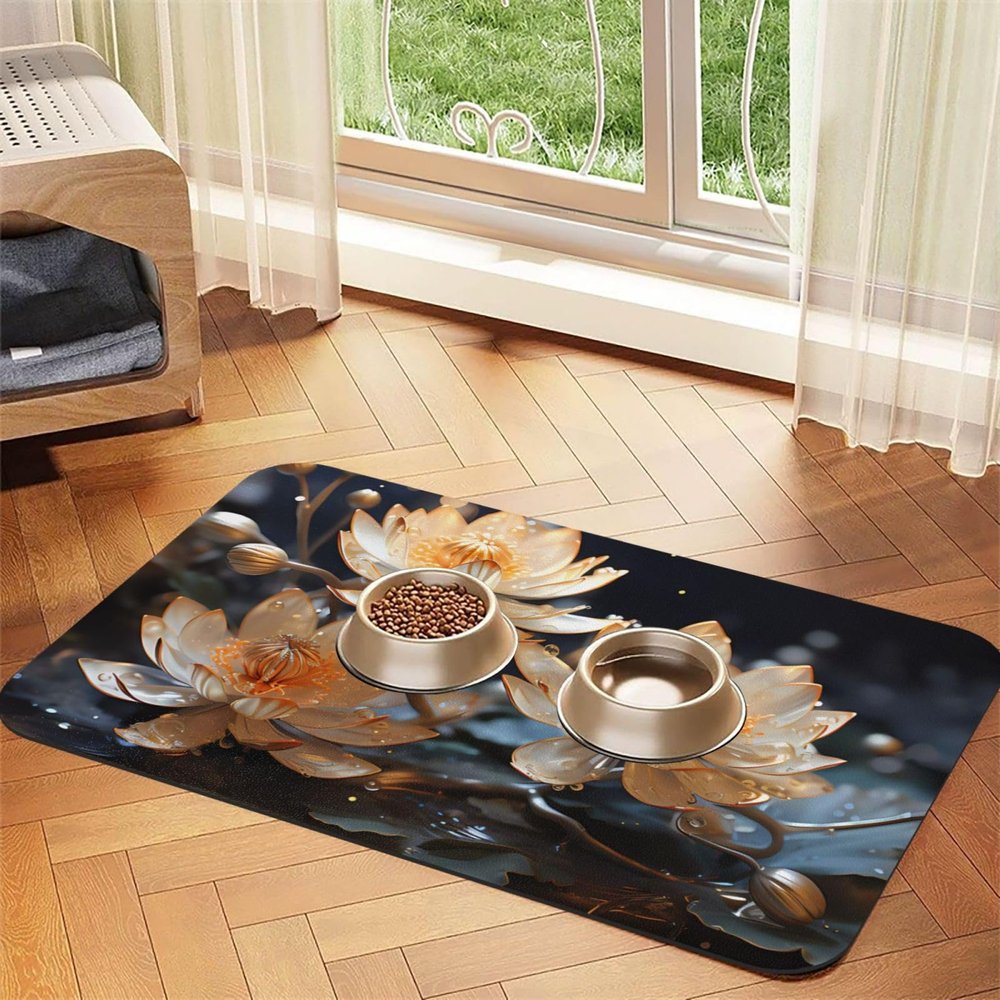 Bohemian White Lotus Pet Feeding Mat, Water-Absorbent Faux Leather, 30 x 45 cm