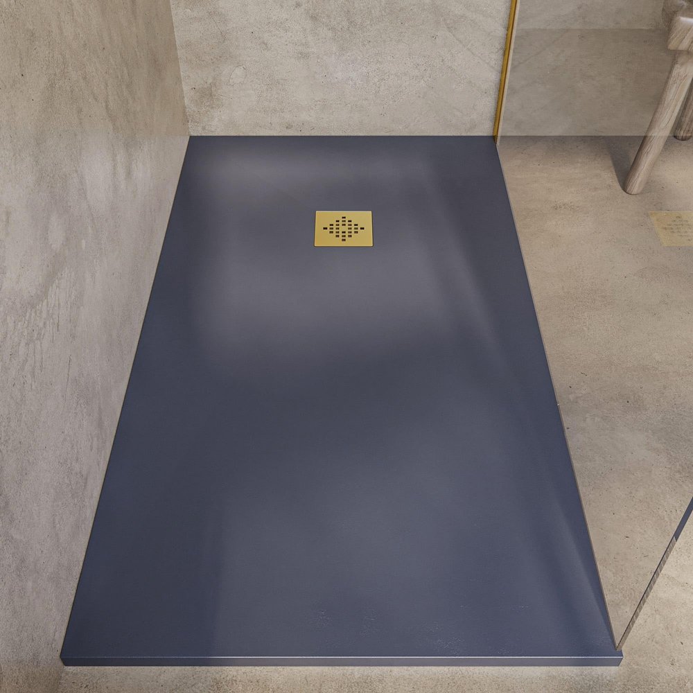 SoulHome Resin Shower Tray 200 x 100 cm Slate Gray with Gold Drain Grate
