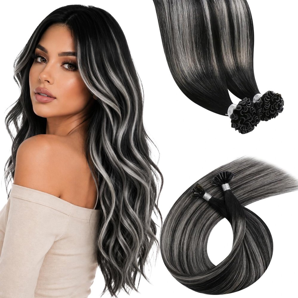 LaaVoo Bonding Extensions Remy Human Hair, Black Balayage/Ombre Silver, 35 cm, 40 g, 50 Pieces, #1B/S/1B