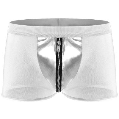 Men's Mesh Boxer Shorts with Leather Accents and Zipper