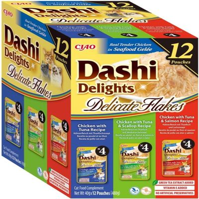 INABA Dashi Delights Wet Cat Food with Real Chicken, Delicate Flakes, Grain-Free, Sugar-Free, No By-Products, Premium Japanese Cat Treats, 40 g (12-Pack)
