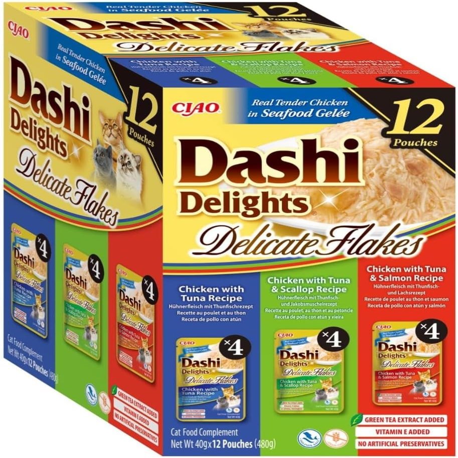INABA Dashi Delights Wet Cat Food with Real Chicken, Delicate Flakes, Grain-Free, Sugar-Free, No By-Products, Premium Japanese Cat Treats, 40 g (12-Pack)