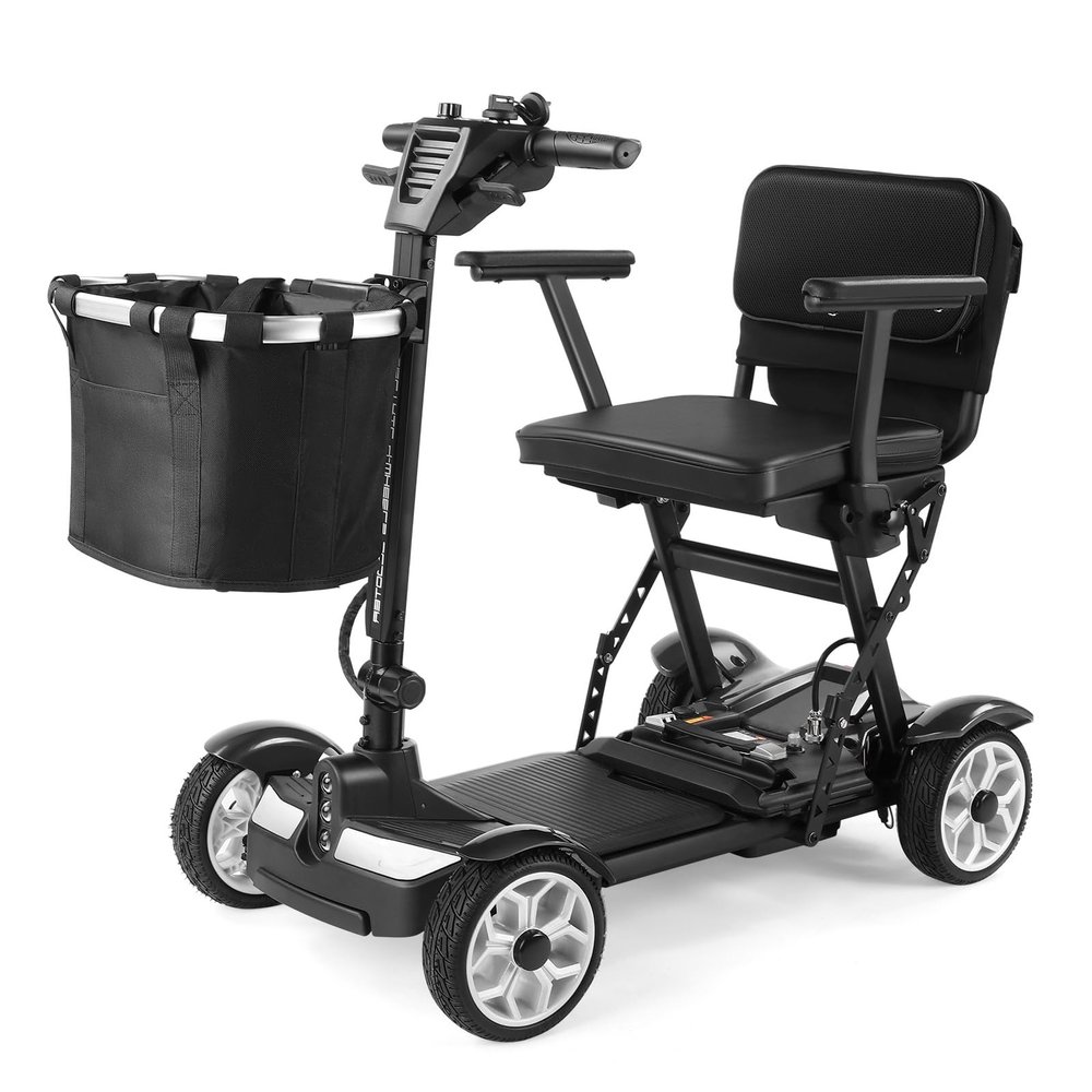 FANGZHL 4-Wheel Folding Electric Mobility Scooter, Aluminum Alloy, 100 kg Capacity, Charger and Basket Included