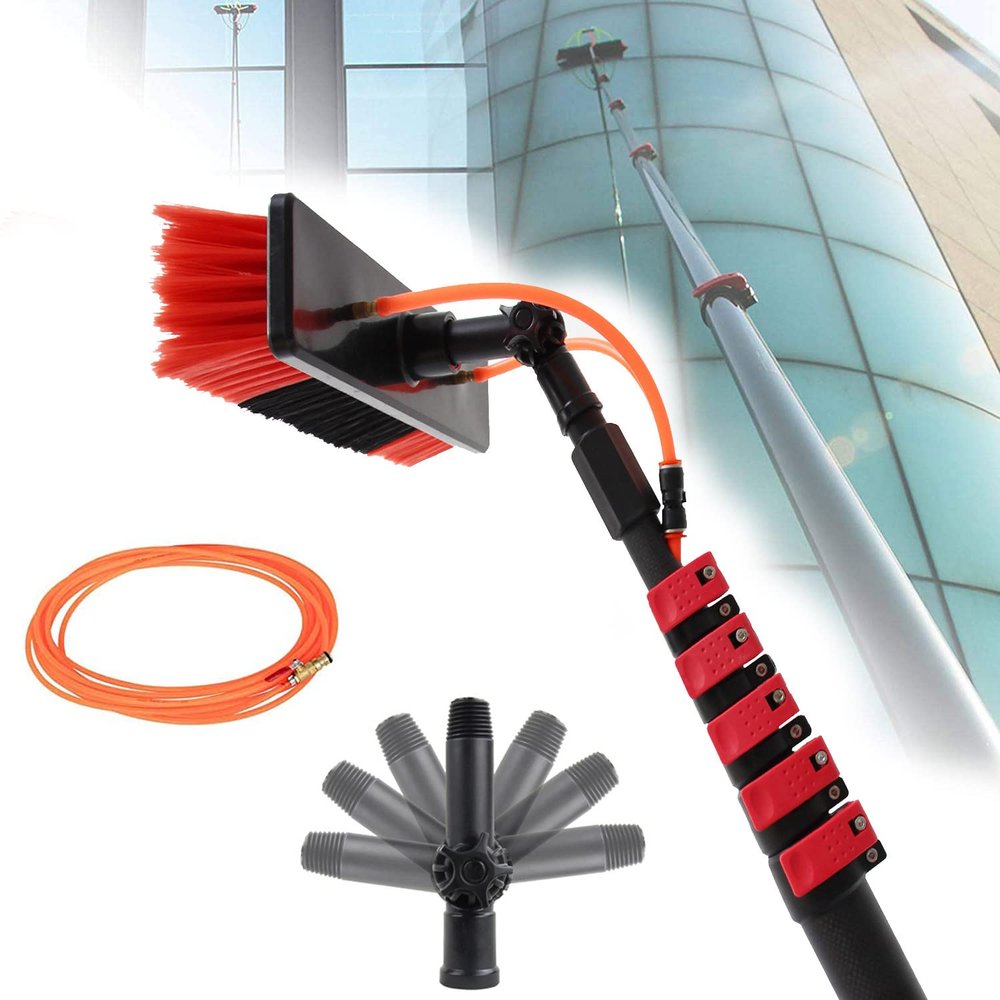 Extendable Window Cleaning Set with 3.5 m Pole and 20 m Hose, Solar Panel Cleaning Brush