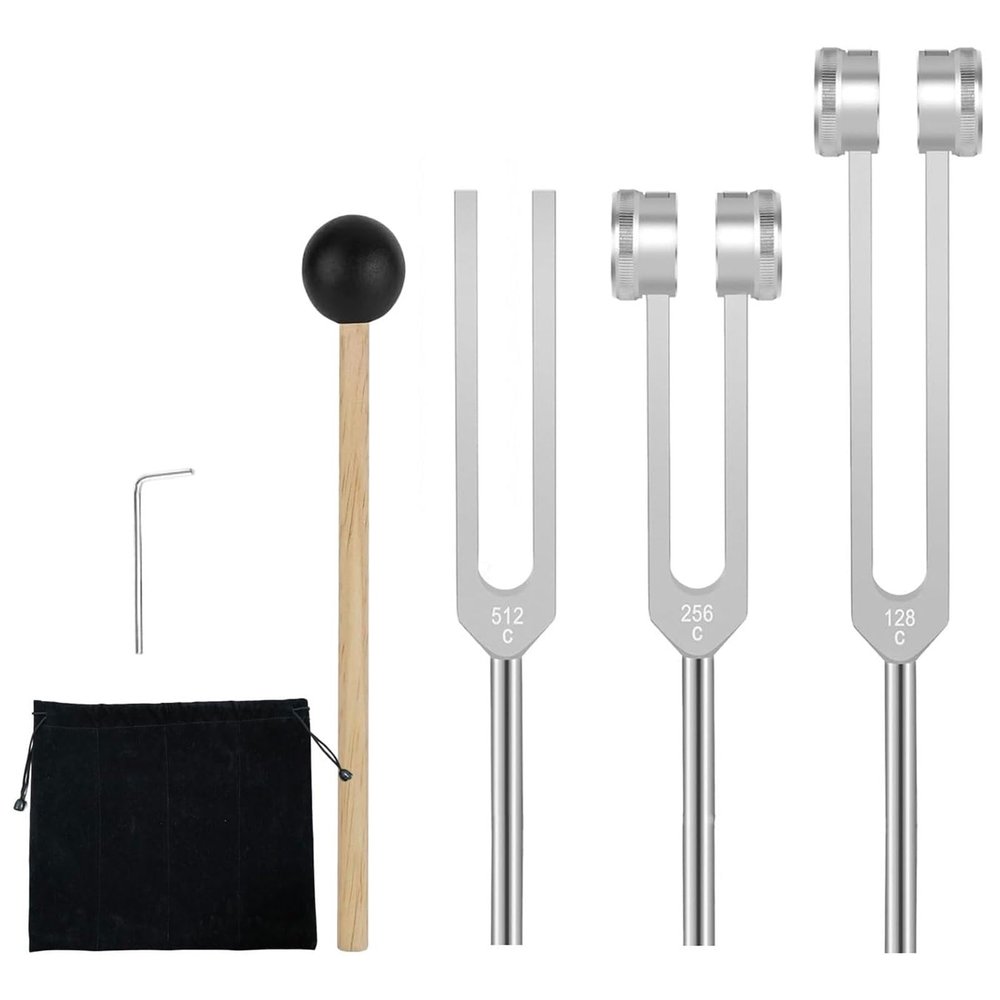 Healing Tuning Fork Set (128 Hz, 256 Hz, 512 Hz), 3-Piece Silver Kit with Reflex Hammer for Sound Therapy, Chakra, Yoga & Meditation, Gift for Women