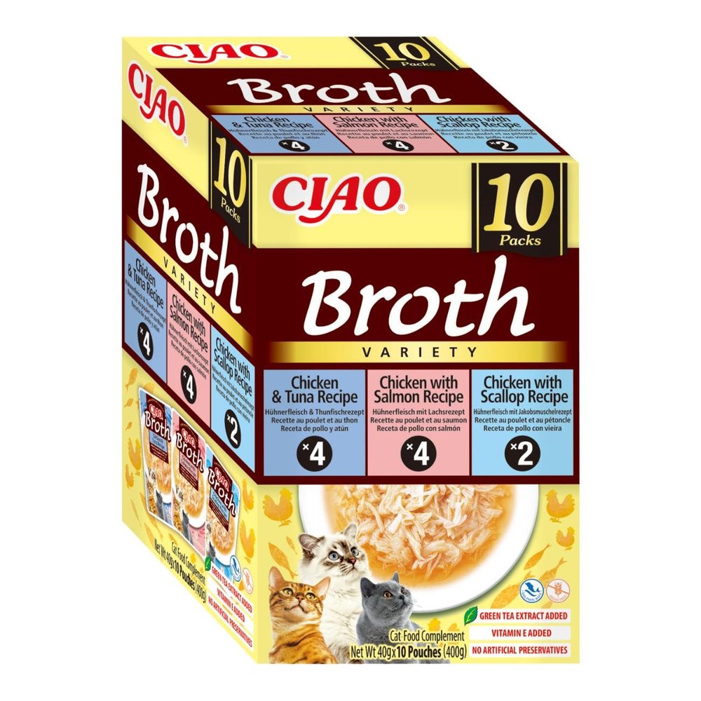 INABA Ciao Broth Cat Treats with Premium Ingredients, High in Moisture and Protein, Low in Calories, Grain- and Sugar-Free, 40 g (10 Pieces)