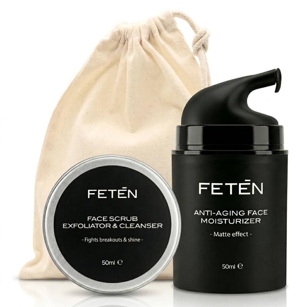 FETEN Anti-Imperfection Set for Men, Facial Scrub + Moisturizer, Matte Anti-Wrinkle Effect
