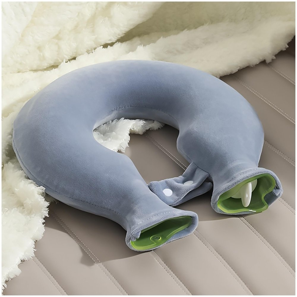 U-Shaped Neck Hot Water Bottle with Soft Fleece Cover, 1.5 L, Blue