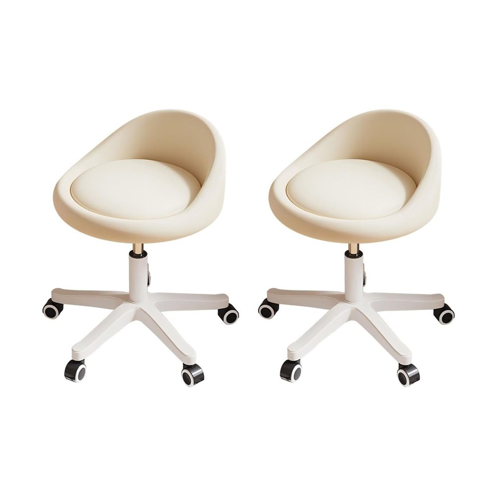 FXLUHAY Rolling Stool with Swivel Seat, Height-Adjustable, Ultra-Quiet Wheels, Padded PU Leather Seat, for Salons, Offices, Massage and Medical Use (Beige, Set of 2)
