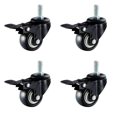 Set of 4 Heavy-Duty Quiet Screw-In Casters, 1.5 in, with Safety Brakes, Black Polyurethane Wheels (M10, 4 Brakes)
