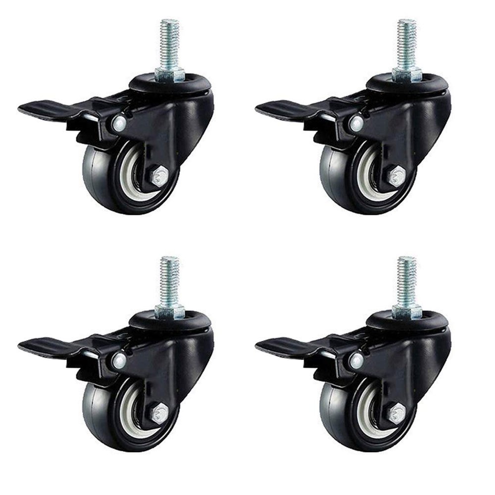 Set of 4 Heavy-Duty Quiet Screw-In Casters, 1.5 in, with Safety Brakes, Black Polyurethane Wheels (M10, 4 Brakes)