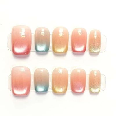 10-Count Handmade Cat Eye Press-On Nails, Magnetic Cat Eye, Medium Almond, Multicolor, with Jelly Adhesive Tabs, Reusable & Natural (W1 L, L)