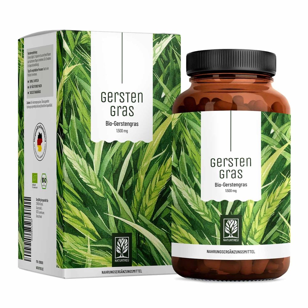 Naturtreu Organic Barley Grass Capsules, High-Dose - 1,500 mg Barley Grass per Daily Dose - 180 Capsules - Made and Grown in Germany - Vegan