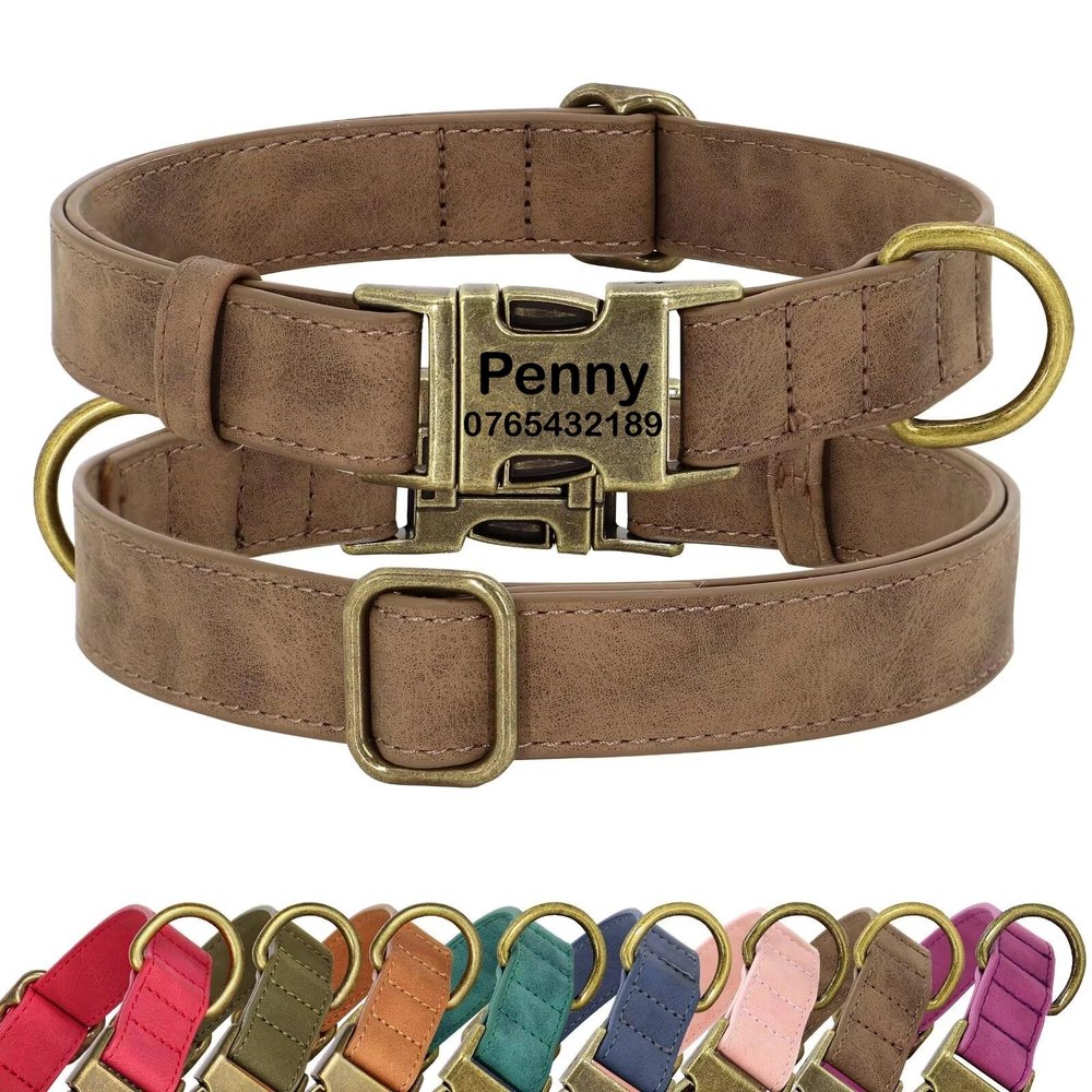 SEOUGEE Personalized Dog Collar with Engraved Name and Phone Number, Adjustable PU Leather